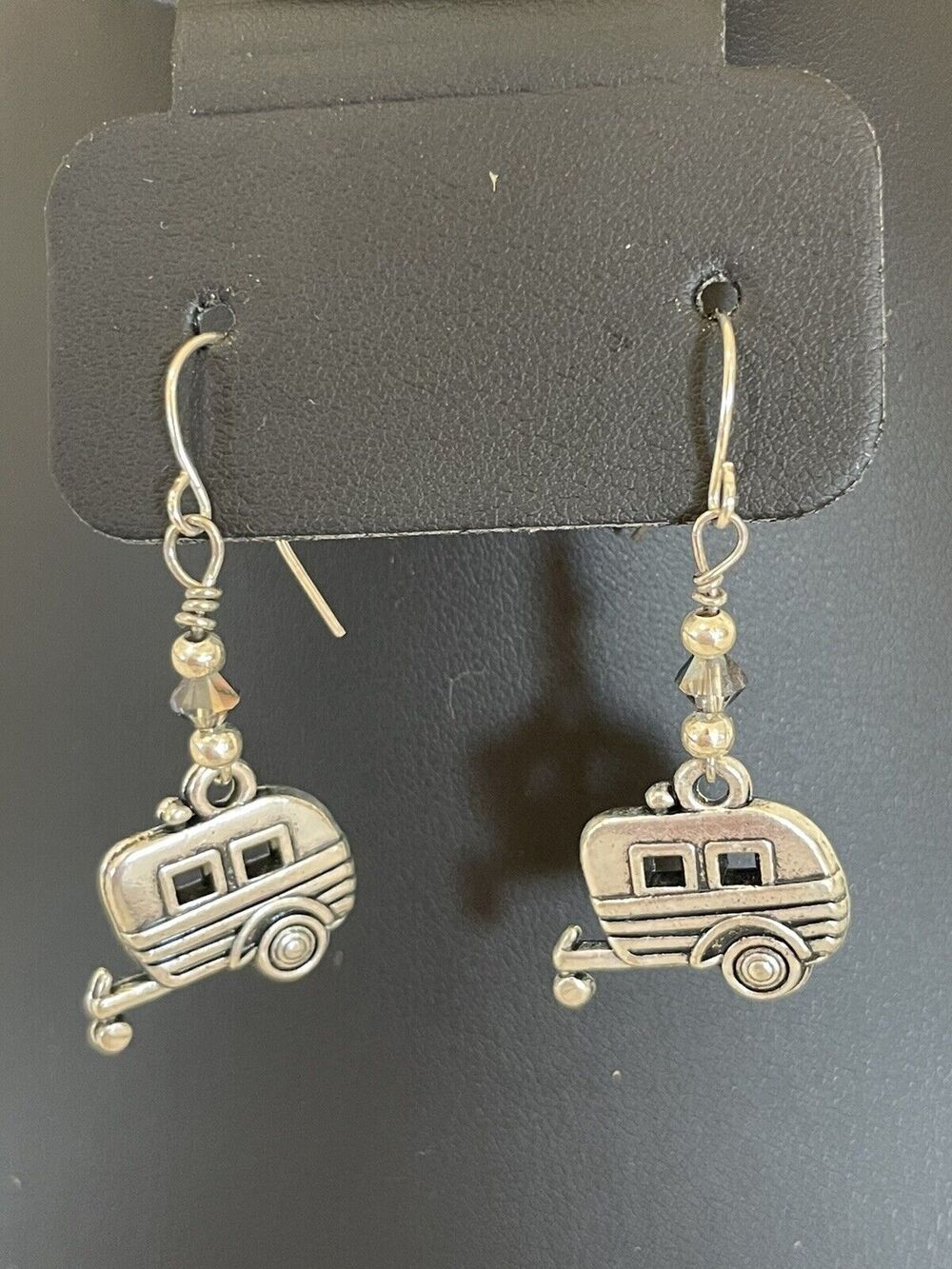 Camper Dangle Drop Earrings Silver Metal Tone Beads Happy Camper Traveler